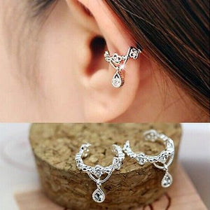 1pc Elegant Women Crystal Rhinestone Water Drop Pendant-Ear Cuff-Wrap Clip Cartilage-Silver/Gold