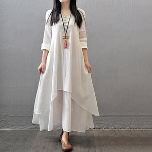 Spring Summer Women Long Cotton Linen Dress White Plus Size False Two Pieces O-Neck Maxi Dresses Office Casual Loose Dress